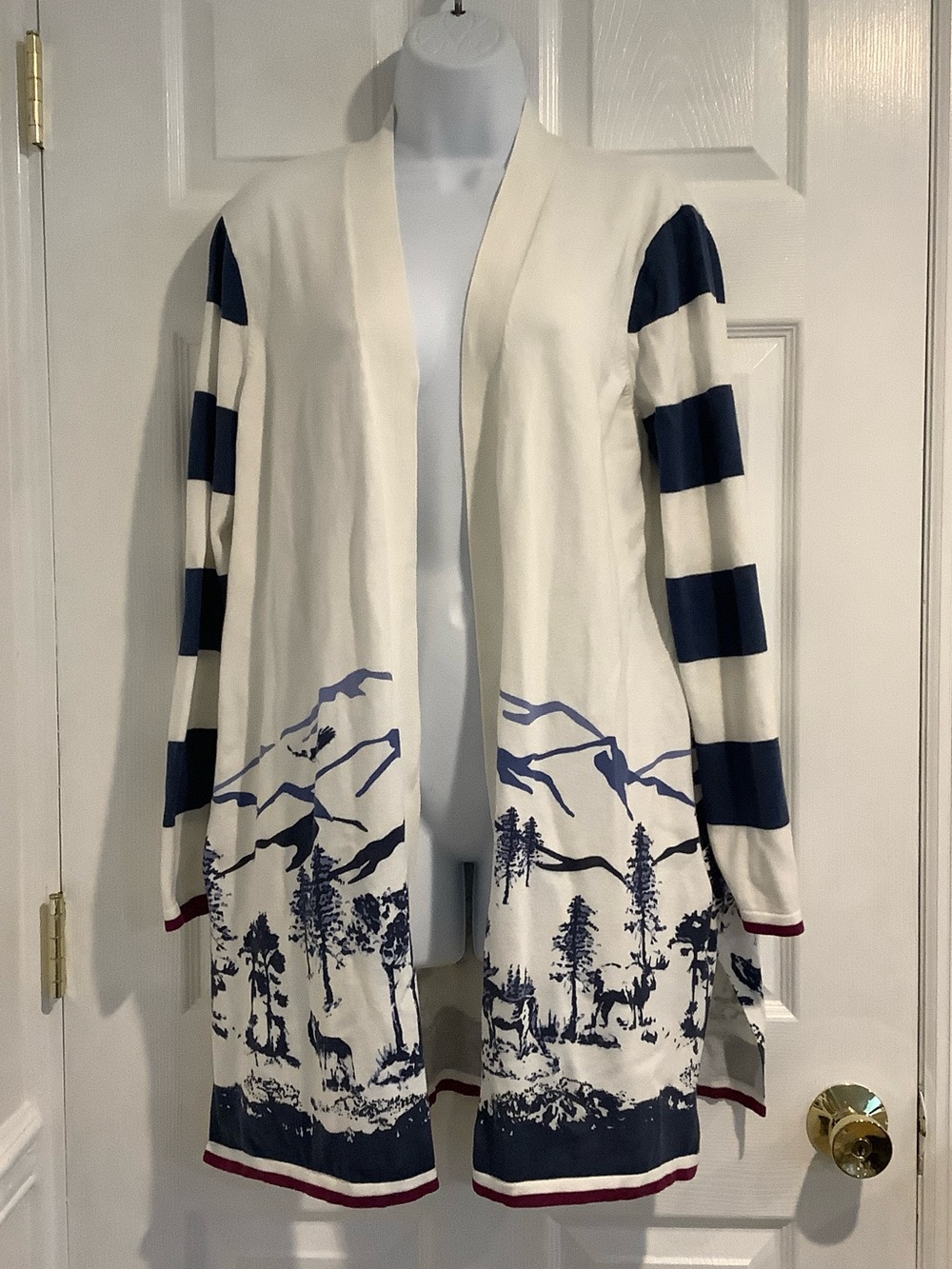 LANDS’ END 100%Cotton Mountain Scene Coastal Grandma Light Open Front Cardigan L